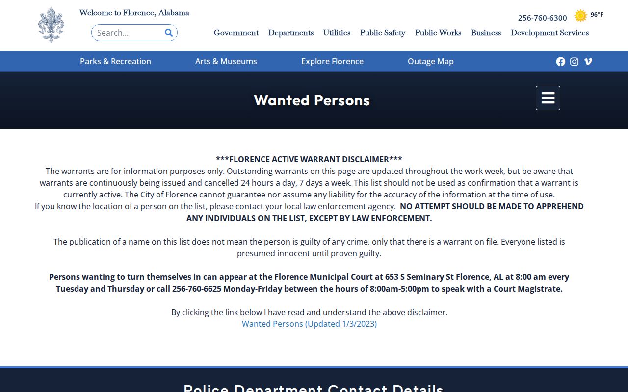 Florence warrant search official list disclaimer