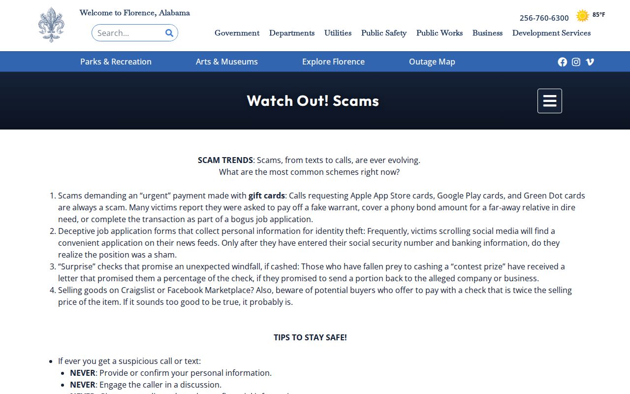 Florence warrant records official payment scam warning
