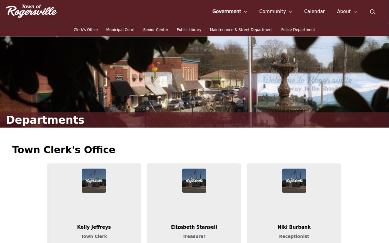Rogersville departments page with Municipal Court and Police contact blocks
