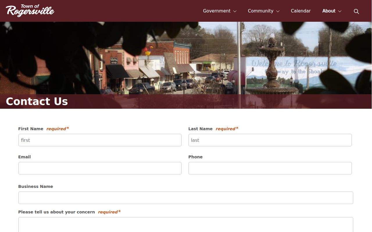 Rogersville town contact form fields for routing a municipal question